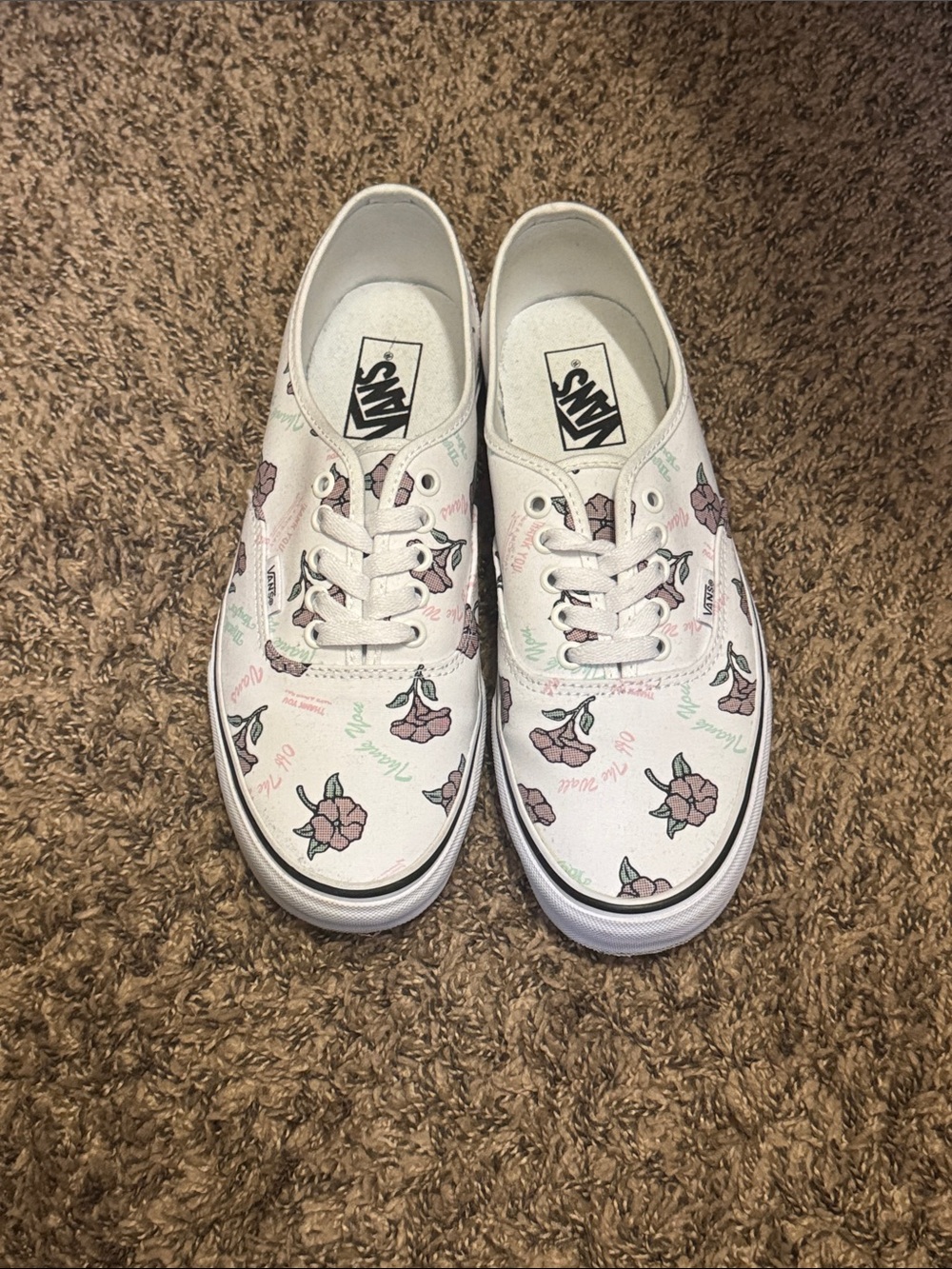 Vans White Canvas Sneakers with Pink Floral Print and Mint Script